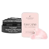 PLANTIFIQUE Dead Sea Mud Mask for Face Body Care with Hyaluronic Acid for Women and Men and Gua Sha Rose Quartz Tool for Face Anti Aging Massage Tool - GuaSha Tool - Facial Skin Care Products