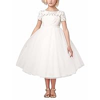 FEESHOW Crochet Lace Flower Girl Dress Kids First Communion Wedding Party Dress with Bow Sash White 8