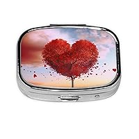 Square Pill Box Heart Tree Cute Small Pill Case 2 Compartment Pillbox for Purse Pocket Portable Pill Container Holder to Hold Vitamins Medication Fish Oil and Supplements