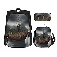Vikings Boat 3PCS Backpack Set For stitch lunch box with Lunch Box and Pencil Case â€“ Perfect for School,backpack men