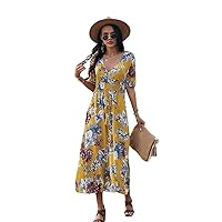 Women's Elegant Vacation Bohemian V Neck Short Sleeve Side Slit Floral All Over Printed Dress Medium Size Yellow