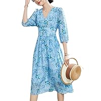 Women's Real Silk Dress New Blue Floral Seven-Point Sleeve V-Neck Waist Closed Slim French Print Mulberry Silk midi