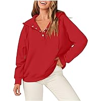 Button V Neck Hoodies for Women, Sexy Trendy Workout Sweatshirt Oversized Pullover Tops Fall Hooded Tunic Sweater
