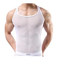 QY Men's Mesh O-Neck Gym Muscle See-Through Tank Top Vest