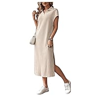SOLY HUX Women's Casual Collared V Neck Short Sleeve Dress Summer Loose Slit Ribbed Knit Midi Dresses