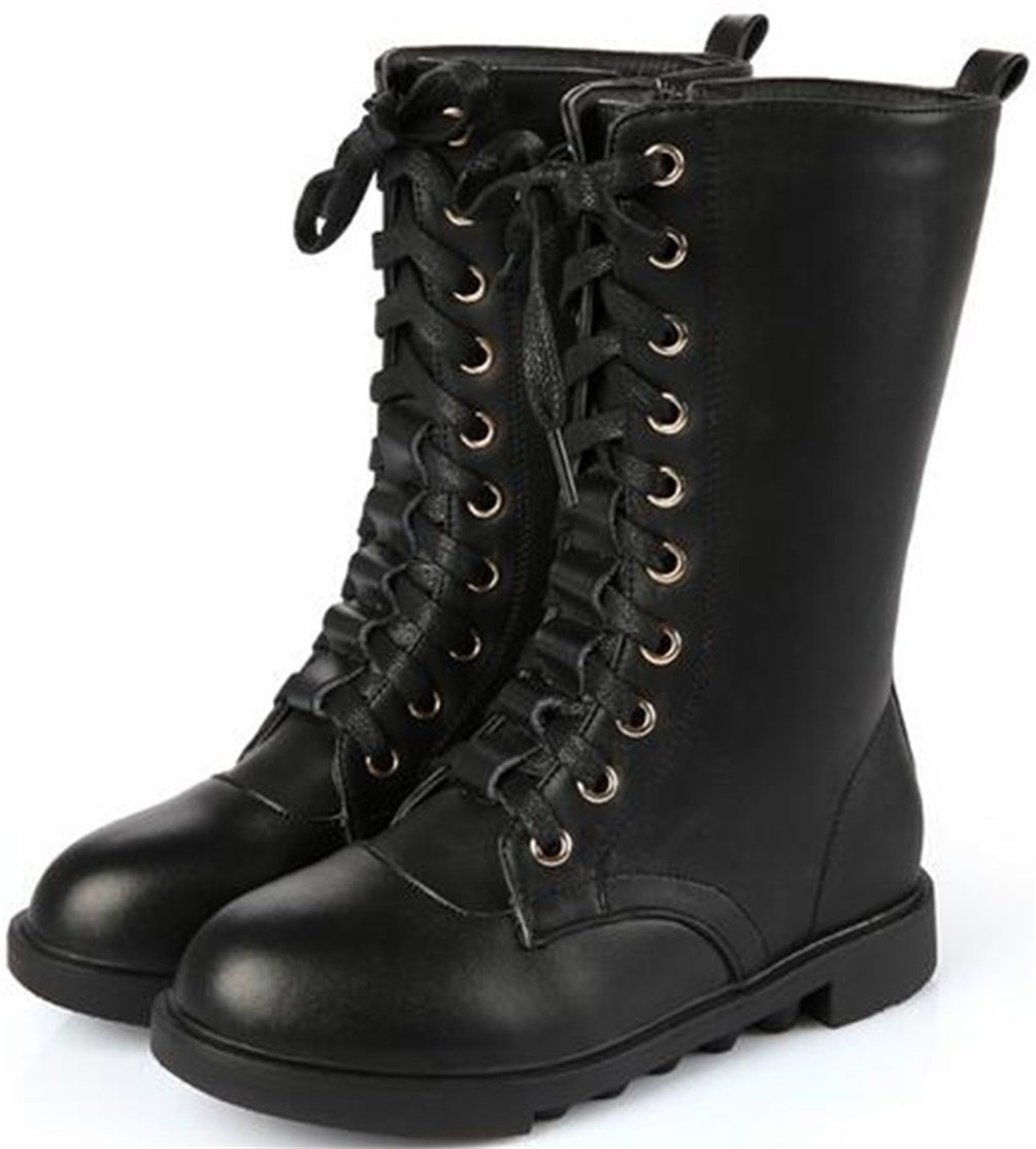 PPXID Kid's Girl's Waterproof Leather Lace-Up Zipper Mid Calf Combat Boots Outdoor Riding Boots