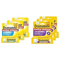 Dramamine Motion Sickness Original 12 Count Travel Vial 3 Pack and All Day Less Drowsy Motion Sickness Relief 8 Count Travel Vial 3 Pack