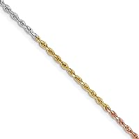 Solid Gold 14K Tri-colored 1.5mm Diamond-cut Rope with Lobster Lock Anklet Necklace Chain -16.0