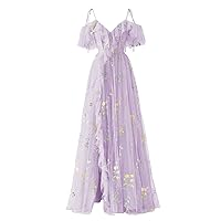 Basgute Women's Flower Embroidery Tulle Prom Dresses Corset Long Spaghetti Strap Fairy Ruched Formal Evening Party Gown