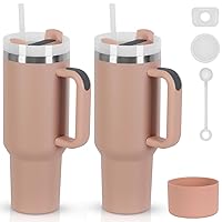 2 Pack 40 oz Tumbler with Handle and Straw Lid, Stainless Steel Double Wall Vacuum Insulated Travel Mug, Insulated Coffee Mug, with Silicone Spill Proof Stopper Set(Pink)