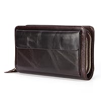 Men's Wallet Long Top Layer Cowhide Clutch Bag Double Zip Money Clip Coin Wallet For Men's, 21.5*12.8cm, Coffee