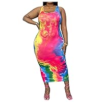 SOLY HUX Women's Plus Size Tie Dye Bodycon Tank Dress Scoop Neck Sleeveless Long Summer Dresses