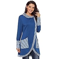 Womens Stripe Splicing Asymmetrical Hem Pullover Loose Long-Sleeved Sweatshirt Tops Casual Mid-Length Sweater Blouse