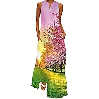 Women's Casual Loose Sundress Beach Summer Vacation Maxi Long Dress Sleeveless Flowy Swing Tunic Boho Dresses Pockets