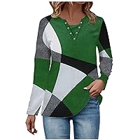 Trendy Color Block Tunic Tops for Women Workout Long Sleeve Button Up V Neck Tshirts Trendy Ladies Fashion Tunic Blouses