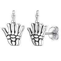 Suplight 925 Sterling Silver Skeleton Middle Finger Earrings Vintage Gothic Rock Punk Skull Middle Finger Earrings for Men Women