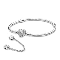 Pandora Jewelry Bundle with Gift Box - Sterling Silver Family Forever Safety Chain Charm & Moments Sterling Silver Snake Chain Charm Bracelet with Heart Clasp with CZ, 7.1