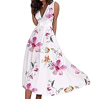 Sun Dresses for Women Casual 2024 Spring Summer Elegant Wrap V Neck Sleeveless Maxi Dresses Floral Print Flowy Beach Dress