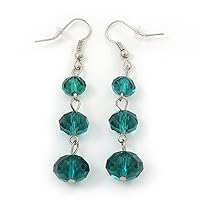 Emerald Green Faceted Glass Bead Drop Earring In Silver Plating - 5.5cm Length