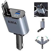 4-in-1 Retractable Car Charger, 120W Ultra-Fast USB Car Charger, Type-C and iPhone Retractable 2-Wire, 1 USB and 1 USB-C Charging Ports