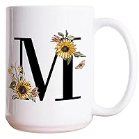 Monogram Letter M Coffee Mugs Black Letter Sunflower Flower Coffee Cup Inspired Monogram 15oz Novelty Coffee Mugs Retirement Gifts For Coffee Tea Hot Chocolate Milk