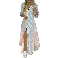 Shirt Dresses for Women, Spring Dresses for Women 2024 Colorful Striped Maxi Dress Long Sleeve Button Down Long Dress