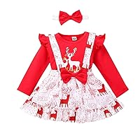 Wakeu Newborn Baby Girl Christmas Clothes Sets Long Sleeve Deer Print Tops Bowknot Suspender Dress Set with Headband