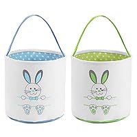 2 Pack Easter Bunny Basket Bags for Kids, Canvas Cotton Personalized Egg Basket Hunt Bags Cute Rabbit Print Buckets for Easter Eggs, Candy, Gift (Blue, Green)