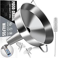 Walfos Extra Large Stainless Steel Funnel with Venting Slot, Kitchen Funnel with 2 Removable Strainer ＆ 1Pc Cleaning Brush, Perfect for Transferring Liquid, Oils, Jam, Dry Ingredients (Jumbo, 7.9