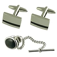 Gift Set Matching Cufflinks Black Onyx Stone Oval Tie Tac