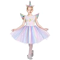 Princess Dress Costume for Little Girls - Dress Up Outfit with Headband and Rainbow Wings - Perfect for Birthday Parties