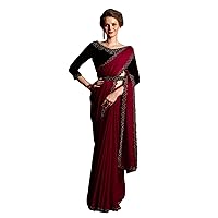Solid Satin Chiffon Woman's Border Saree Indian Designer Belt Sari Blouse FI675