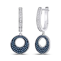 10kt White Gold Womens Round Blue Color Enhanced Diamond Circle Dangle Earrings 3/8 Cttw