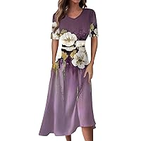 Summer Dresses for Women Floral Printed Short Sleeve Dress Flowy V Neck Waist Maxi Dress Trendy Swing Long Dress