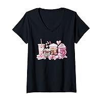 Womens Valentines Day Pink Coffee Cups Latte Iced Cream Chocolate V-Neck T-Shirt