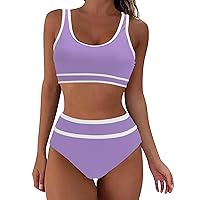 Swimsuit Set for Women 2 Piece Ribbed High Waisted Bikini Set Sporty Tummy Control Color Block Bathing Suits 2024