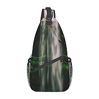 Sling Backpack Bag Vertical Waterfall Print Crossbody Chest Bag Adjustable Shoulder Bag Travel Hiking Daypack Unisex