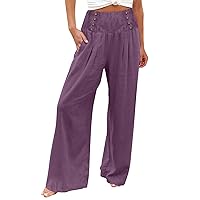 Linen Pants for Women Comfy Flowy Wide Leg Pants Casual Summer Baggy High Waisted Palazzo Beach Pants Trousers with Pockets