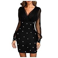 Summer Dresses for Women 2024 Trendy Spring Sparkly Sequin Long Sleeve Bodycon Mini Dress Sexy V Neck Ruched Party Dress