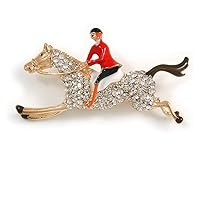 Crystal Racing Horse and Jockey Brooch In Gold Tone Metal - 55mm Across
