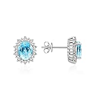 Sterling Silver Princess Diana Inspired Earrings - Oval Shape Gemstone & Diamonds - 8X6MM Birthstone Earrings - Timeless Color Stone Jewelry