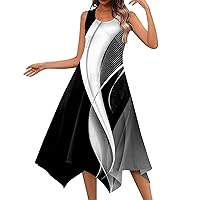 2024 Sleeveless Dress Womens Trendy Round Neck Irregular Hem Loose Midi Ladies Print Trendy Breathable Dress