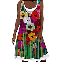 Women's Dress Swing Round Neck Sleeveless Knee Length Casual Summer Boho Print Flowy Beach Splicing Loose Sundress Multicolor