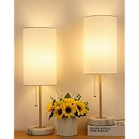 Small Table Lamp, Bedroom Lamps Set of 2, 3 Way Dimmable Bedside Lamps with Marble Base & Linen Shade &Pull Chain Nightstand Lamps 18.5 Inches Desk Lamps for Living Room(Bulbs Included)