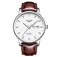 Guanqin Men's Analogue Fashion Automatic Self-Winding Mechanical Stainless Steel Leather Date Luminous Wrist Watch