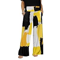Women's Wide Leg Pants with Yellow & Blk Print and Pockets