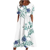 Short Sleeve Crew Neck Plus Size Summer Dress 2024 Print Lounge T Shirt Midi Dress with Pockets
