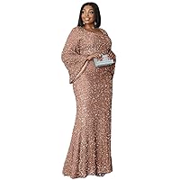 Women's Plus Size Formal Sequins V-Neck Ball Floor Length Dress,Long Sleeve Mermaid Evening Gown