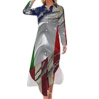 American Flag with Italy Root Women's Shirt Dress Long Sleeve Button Down Shirts Dress Casual Loose Maxi Dresses