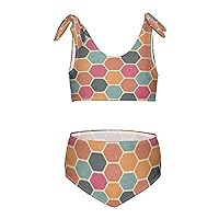 Retro Geometric Hexagon Girls Swimsuits 2 Piece Colorful Swimwear Bikini Set Bathing Suit for Girl Kids